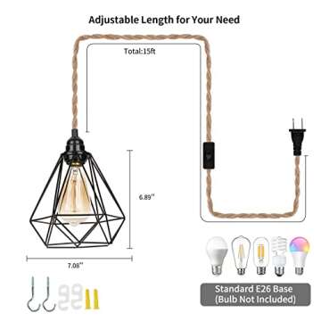 Frideko Hanging Lamp - 16.5ft Plug in Pendant Light, Farmhouse Hanging Lights with Plug in Cord, Industrial Hemp Rope Hanging Light Hanging Lamps That Plug into Wall Outlet for Living Room Bedroom