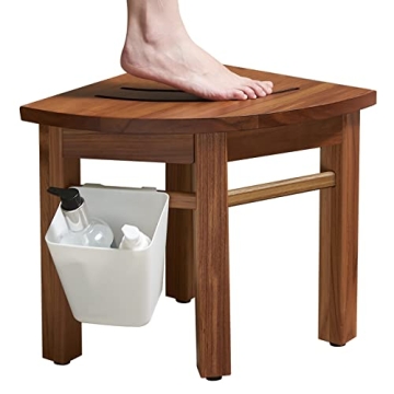 Lovitgo 12'' Teak Shower Stool for Shaving Legs, Corner Shower Stool for Inside Shower, Waterproof T...