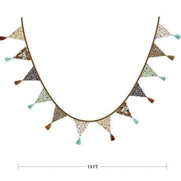 12Pcs/13Ft Fabric Triangle Flags Cotton Tassel Banner, Vintage Floral Bunting Pennant Garland for We...