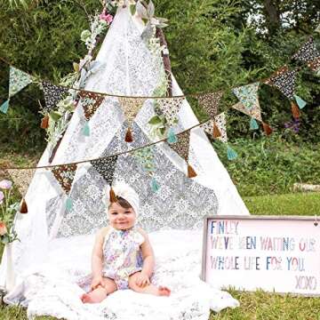 12Pcs/13Ft Fabric Triangle Flags Cotton Tassel Banner, Vintage Floral Bunting Pennant Garland for Wedding,Birthday Parties,Baby Shower,Festivals,Nursery,Home,Outdoor Boho Hanging Decoration(Brown)