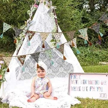 12Pcs/13Ft Fabric Triangle Flags Cotton Tassel Banner, Vintage Floral Bunting Pennant Garland for Wedding,Birthday Parties,Baby Shower,Festivals,Nursery,Home,Outdoor Boho Hanging Decoration(Brown)