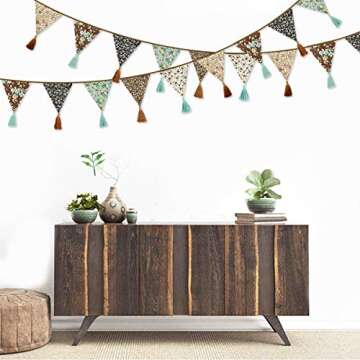 12Pcs/13Ft Fabric Triangle Flags Cotton Tassel Banner, Vintage Floral Bunting Pennant Garland for Wedding,Birthday Parties,Baby Shower,Festivals,Nursery,Home,Outdoor Boho Hanging Decoration(Brown)
