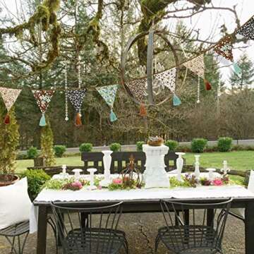 12Pcs/13Ft Fabric Triangle Flags Cotton Tassel Banner, Vintage Floral Bunting Pennant Garland for Wedding,Birthday Parties,Baby Shower,Festivals,Nursery,Home,Outdoor Boho Hanging Decoration(Brown)