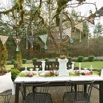 12Pcs/13Ft Fabric Triangle Flags Cotton Tassel Banner, Vintage Floral Bunting Pennant Garland for Wedding,Birthday Parties,Baby Shower,Festivals,Nursery,Home,Outdoor Boho Hanging Decoration(Brown)