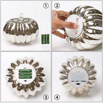 Romingo Mercury Glass Pumpkin Light with Timer for Halloween Pumpkin Decorations Fall and Thanksgiving Decor,Silver, 5.5 inches