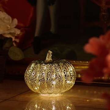 Romingo Mercury Glass Pumpkin Light with Timer for Halloween Pumpkin Decorations Fall and Thanksgiving Decor,Silver, 5.5 inches