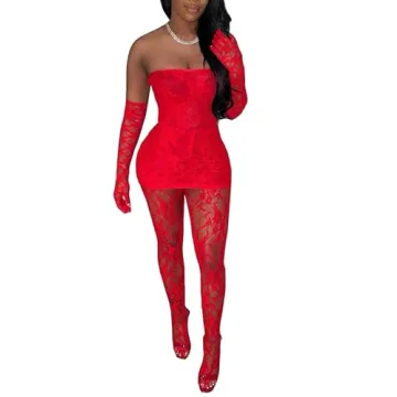 Mojessy Women's Sexy Lace 2 Piece Set Birthday Outfits See Through Tube Mini Dress Top with Stocking...