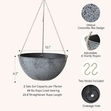 LA JOLIE MUSE Large Hanging Planters for Outdoor Plants - 13 Inch Hanging Flower Pots with Drainage Holes, Set of 2, Rock Grey