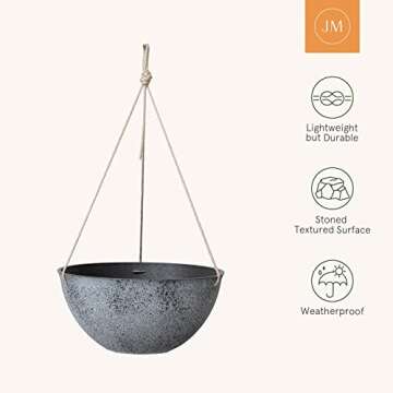 LA JOLIE MUSE Large Hanging Planters for Outdoor Plants - 13 Inch Hanging Flower Pots with Drainage Holes, Set of 2, Rock Grey