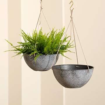 LA JOLIE MUSE Large Hanging Planters for Outdoor Plants - 13 Inch Hanging Flower Pots with Drainage Holes, Set of 2, Rock Grey