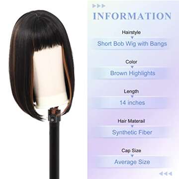 Kalyss Short Bob Wigs with Hair Bangs Black Wigs with Brown Highlights Heat Resistant Synthetic Stra...