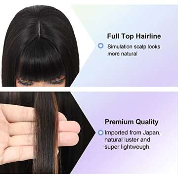 Kalyss Short Bob Wigs with Hair Bangs Black Wigs with Brown Highlights Heat Resistant Synthetic Straight Full Head Hair Wig for Women Natural Looking for Daily Wear