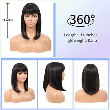 Kalyss Short Bob Wigs with Hair Bangs Black Wigs with Brown Highlights Heat Resistant Synthetic Straight Full Head Hair Wig for Women Natural Looking for Daily Wear