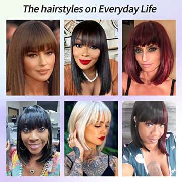 Kalyss Short Bob Wigs with Hair Bangs Black Wigs with Brown Highlights Heat Resistant Synthetic Straight Full Head Hair Wig for Women Natural Looking for Daily Wear