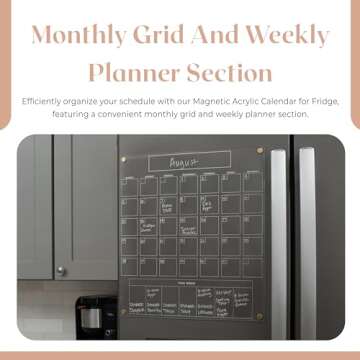 Acrylic Magnetic Calendar for Refrigerator - Clear Dry Erase Calendar for Fridge | Acrylic Calendar w/Monthly Grid And Weekly Planner Section | 15’’x17’’ Vertical Magnetic Fridge Calendar 2025 | Magnet Calendar for Fridge w/Gold Magnets