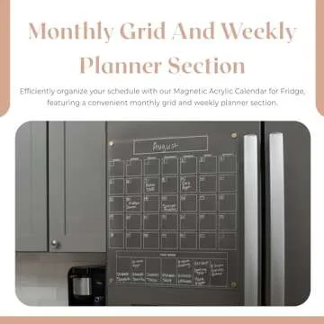 Acrylic Magnetic Calendar for Refrigerator - Clear Dry Erase Calendar for Fridge | Acrylic Calendar w/Monthly Grid And Weekly Planner Section | 15’’x17’’ Vertical Magnetic Fridge Calendar 2025 | Magnet Calendar for Fridge w/Gold Magnets