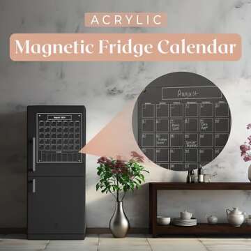 Acrylic Magnetic Calendar for Refrigerator - Clear Dry Erase Calendar for Fridge | Acrylic Calendar w/Monthly Grid And Weekly Planner Section | 15’’x17’’ Vertical Magnetic Fridge Calendar 2025 | Magnet Calendar for Fridge w/Gold Magnets
