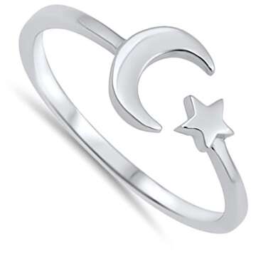 High Polish Open Moon Star Ring New .925 Sterling Silver Simple Band Size 8