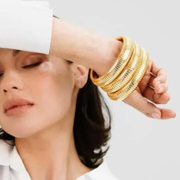 JUNYANGY Gold Bangles for Women Set of 3 Flexible Bracelets