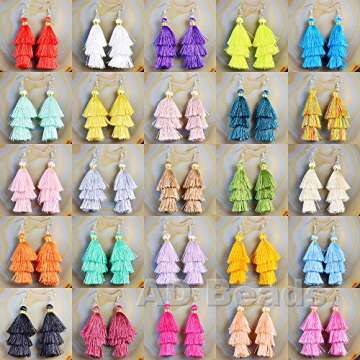 AD Beads Fashion Charm Crystal Silk Tassel 3 Layers Fan Fringe Dangle Earrings (24 Red)