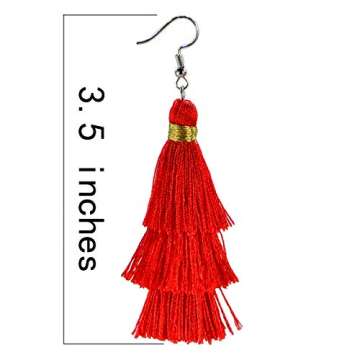 AD Beads Fashion Charm Crystal Silk Tassel 3 Layers Fan Fringe Dangle Earrings (24 Red)