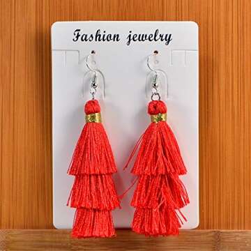 AD Beads Fashion Charm Crystal Silk Tassel 3 Layers Fan Fringe Dangle Earrings (24 Red)
