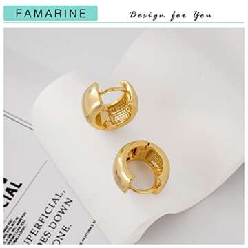 FAMARINE Chunky Gold Earrings for Women 12 MM Wide, 0.85 in Gold Hoop Earrings Thick Earrings for Mom, 14K Gold Plated