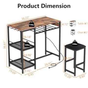 Gyfimoie Bar Table and Chairs Set with Power Outlet, Pub Table and Chairs Set for 2 with 2 Storage S...
