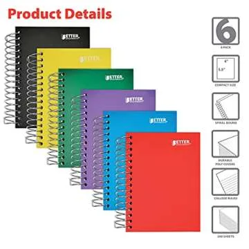 Better Office Products Fat Book Spiral Notebooks, 6 Pack, Small Notebooks with Poly Plastic Covers, 5.5 x 4 inches, 1-Subject, College Rule, 200 Sheets, 6 Assorted Primary Colors, 6 Count