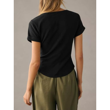 Tankaneo Women Deep V Neck Low Cut Tops Casual Ribbed Knit Henley T-Shirts Summer Short Sleeve Tees Black