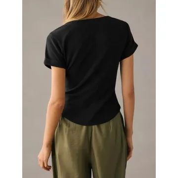 Tankaneo Women Deep V Neck Low Cut Tops Casual Ribbed Knit Henley T-Shirts Summer Short Sleeve Tees Black