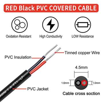 18 Gauge 2 Core Wire Solid Single Strand PVC Red & Black Wire Tinned Copper Cable Insulated Single Strand Cable for Automotive LED Lighting Outdoor，Marine Solar Extension Cord UL Listed