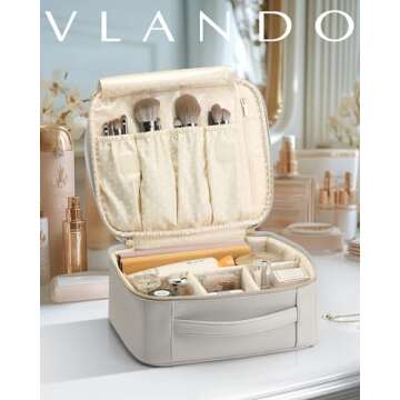 Vlando Travel Makeup Bag Faux Leather Make up Cosmetic Case Organizer Portable Large Makeup Bag with...