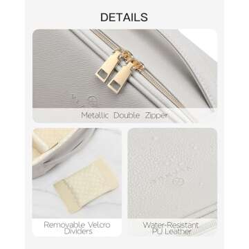 Vlando Travel Makeup Bag Faux Leather Make up Cosmetic Case Organizer Portable Large Makeup Bag with Adjustable Dividers for Makeup Brushes Digital Accessories (Grey)