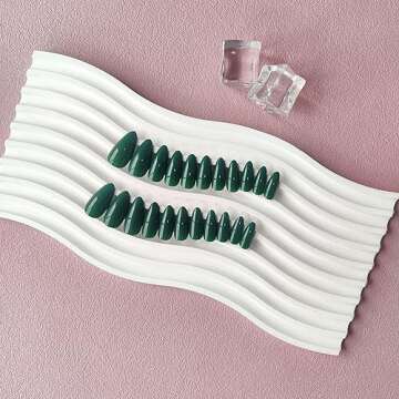 Glossy Dark Green Press on Nails Almond,KXAMELIE Glue on Nails Medium Length Almond Shaped,Stick on ...