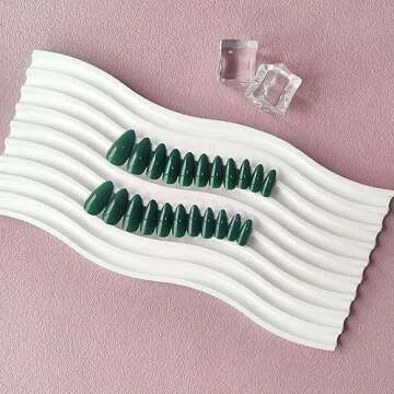 Glossy Dark Green Press on Nails Almond,KXAMELIE Glue on Nails Medium Length Almond Shaped,Stick on ...