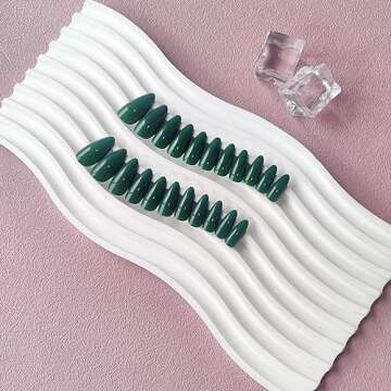Glossy Dark Green Press on Nails Almond,KXAMELIE Glue on Nails Medium Length Almond Shaped,Stick on Nails for Women and Girls Daily Wear in 24PCS