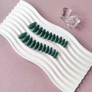 Glossy Dark Green Press on Nails Almond,KXAMELIE Glue on Nails Medium Length Almond Shaped,Stick on Nails for Women and Girls Daily Wear in 24PCS