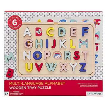 Petit Collage Multi-Language Alphabet Wooden Jigsaw Tray Puzzle – ABC Puzzle with 26 Letter Pieces...