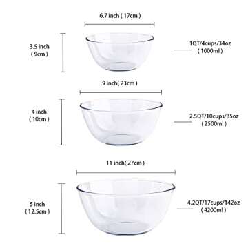 Homwin Glass Mixing Bowl Set for Baking 3-Piece Salad Bowl Set (1qt, 2.5qt, 4.2qt), High Brosilicate Large Bowls for Kitchen Prepping Serving and Storage, Microwave Dishwasher Oven Safe