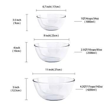 Homwin Glass Mixing Bowl Set for Baking 3-Piece Salad Bowl Set (1qt, 2.5qt, 4.2qt), High Brosilicate Large Bowls for Kitchen Prepping Serving and Storage, Microwave Dishwasher Oven Safe