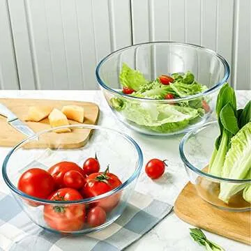 Homwin Glass Mixing Bowl Set for Baking 3-Piece Salad Bowl Set (1qt, 2.5qt, 4.2qt), High Brosilicate Large Bowls for Kitchen Prepping Serving and Storage, Microwave Dishwasher Oven Safe