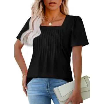 Black Shirts for Women Trendy Summer Pleated Business Casual Tops Work Dressy Blouses Puff Short Sle...