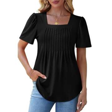 Black Shirts for Women Trendy Summer Pleated Business Casual Tops Work Dressy Blouses Puff Short Sleeve T Shirts S