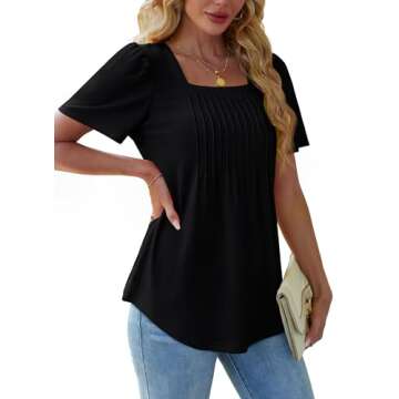 Black Shirts for Women Trendy Summer Pleated Business Casual Tops Work Dressy Blouses Puff Short Sleeve T Shirts S