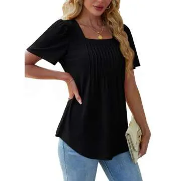 Black Shirts for Women Trendy Summer Pleated Business Casual Tops Work Dressy Blouses Puff Short Sleeve T Shirts S