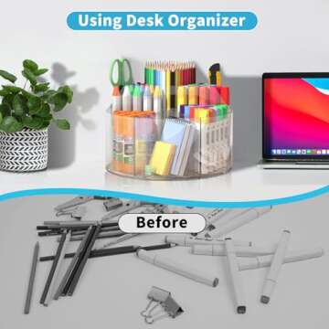 Acrylic Pen Holder for Desk, Acrylic Desk Organizer Clear, 360 Degree Pencil Holder for Desk Kids, Rotating Desk Organizer Rotating Pen Holder for Desk, Art Supply Storage Organizer 6 Compartments
