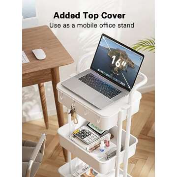 Pipishell 3 Tier Rolling Cart with Table Top for Home Organization and Storage Solutions