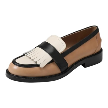 FOWT Women Round Toe Platform Penny Loafers Slip on Tassel Flat Pumps Contrast Stitching Office Scho...