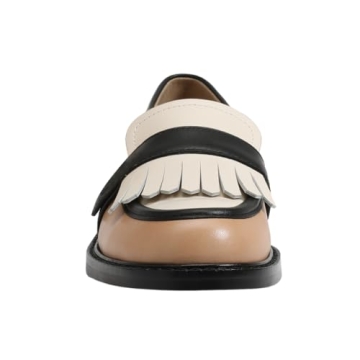 FOWT Women Round Toe Platform Penny Loafers Slip on Tassel Flat Pumps Contrast Stitching Office School Shoes Size 7.5 Brown
